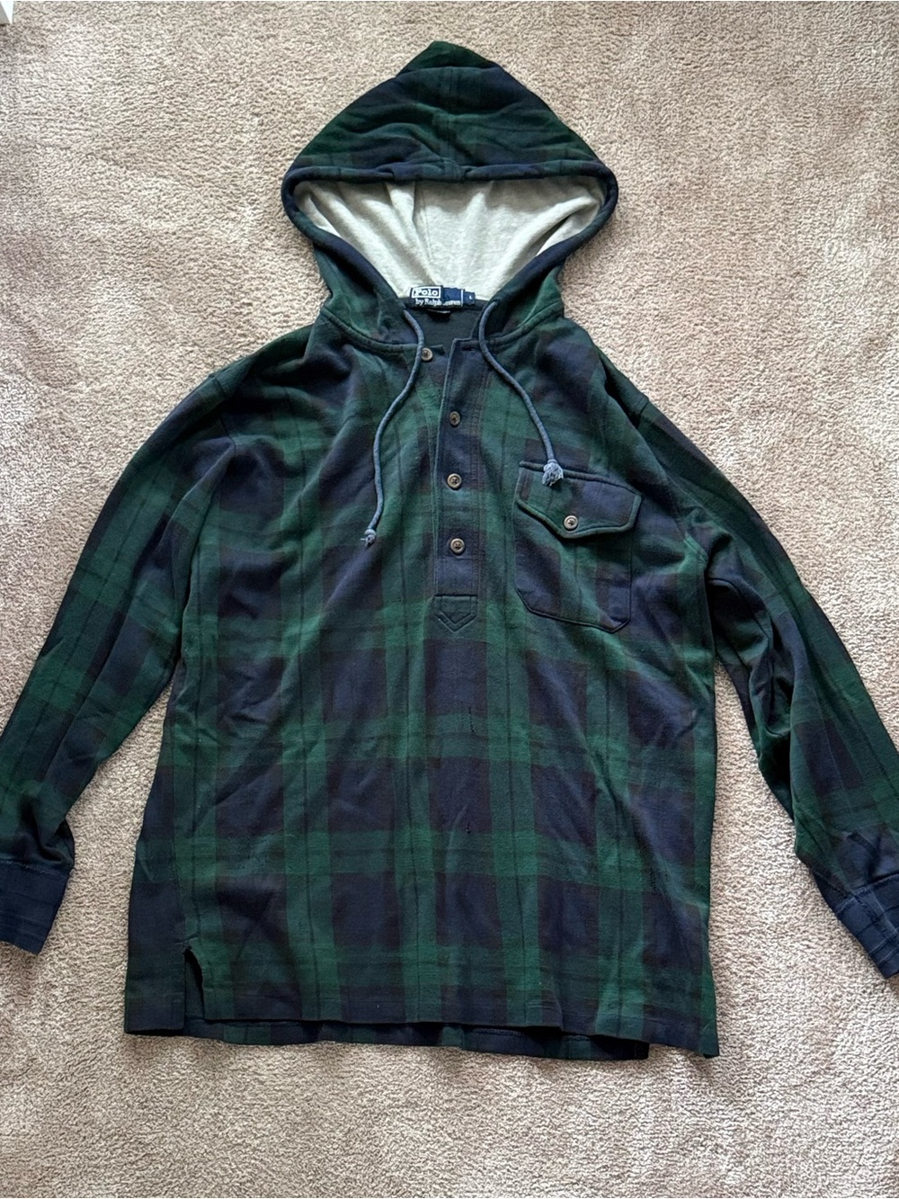Vintage Ralph Lauren Green and Black Plaid Hooded Button Shirt